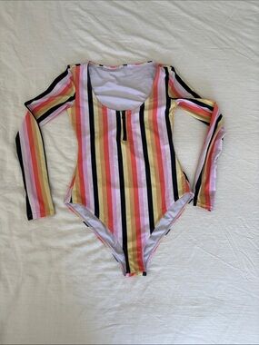 Striped Long-Sleeve Girls One-Piece Swimsuit - Pink/Yellow/Black